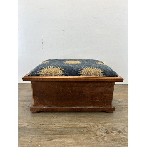 671 - A Victorian style beech and upholstered sewing box containing a collection of sewing accessories