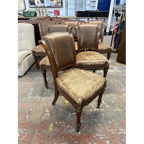 255 - Six 19th century carved oak and brown vinyl upholstered dining chairs