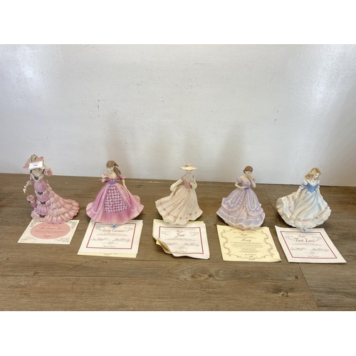 390 - Five Coalport Danbury Mint figurines with certificates of authenticity to include The Edwardian Seas... 