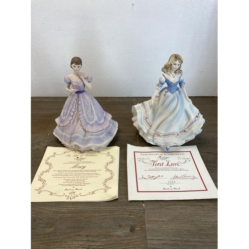 390 - Five Coalport Danbury Mint figurines with certificates of authenticity to include The Edwardian Seas... 