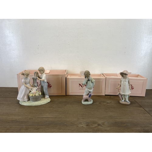 395 - Nine ceramic figurines, eight Nao by Lladro figurines to include 1138, 0379 etc. and one The Leonard... 