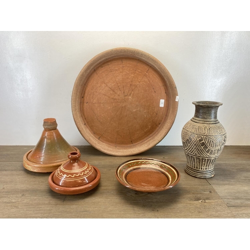 407 - Five pieces of terracotta ware to include two tagine, glazed pedestal etc.