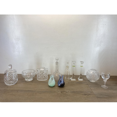 410 - Eleven pieces of glassware to include two Mdina bud vases, pair of Nachtmann candlesticks etc.