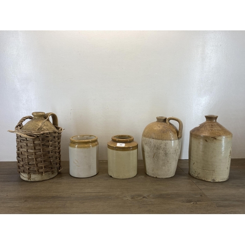 428 - Five late 19th/early 20th century salt glazed stoneware storage items to include Hen & Chickens Macc... 