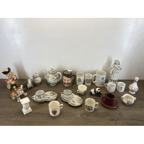 444 - A collection of ceramics to include oriental eggshell six piece coffee set, made in USSR animal figu... 