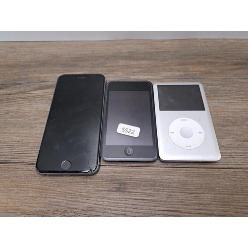 755 - Three Apple items, one iPhone S model A1688, one iPod Touch model A1213 and one iPod Classic model A... 