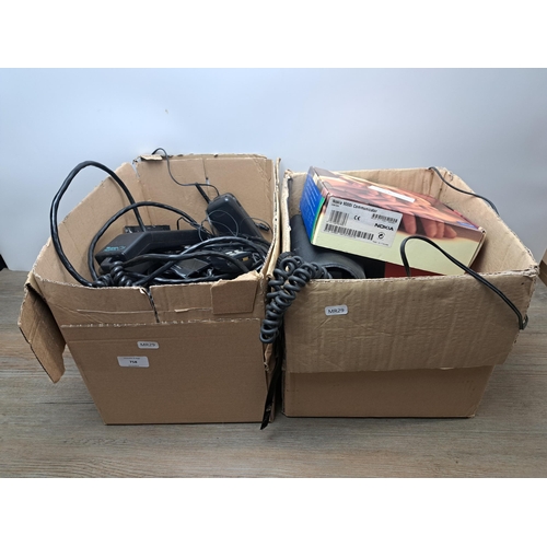 758 - Two boxes containing a large collection of telecom items to include cased Panasonic E-TACS car phone... 