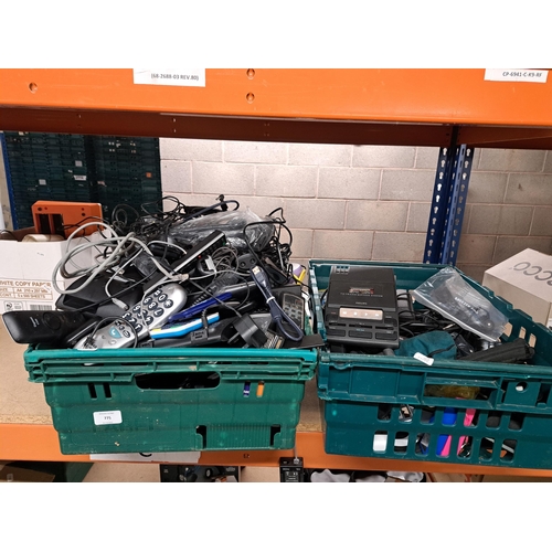 775 - Two boxes containing a large collection of technology related items to include Philips 710 transcrip... 