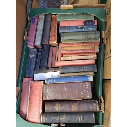 985 - Four boxes containing antique and later books, ceramics, glassware, preserve pan, Arthur Price cotta... 