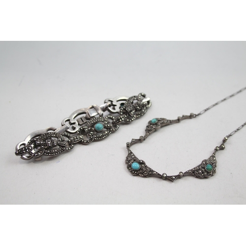 2120 - An Art Deco silver marcasite and turquoise bracelet and necklace set - approx. gross weight 42g