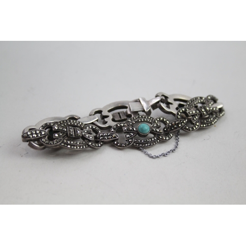 2120 - An Art Deco silver marcasite and turquoise bracelet and necklace set - approx. gross weight 42g