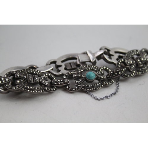 2120 - An Art Deco silver marcasite and turquoise bracelet and necklace set - approx. gross weight 42g