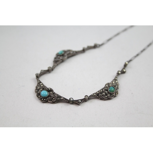 2120 - An Art Deco silver marcasite and turquoise bracelet and necklace set - approx. gross weight 42g