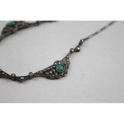 2120 - An Art Deco silver marcasite and turquoise bracelet and necklace set - approx. gross weight 42g