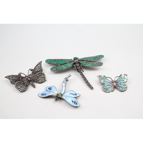 2125 - Four silver brooches to include guilloche enamel dragonfly etc. - approx. gross weight 42g