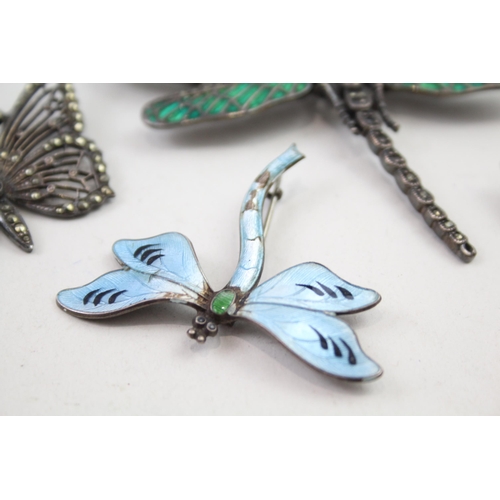 2125 - Four silver brooches to include guilloche enamel dragonfly etc. - approx. gross weight 42g