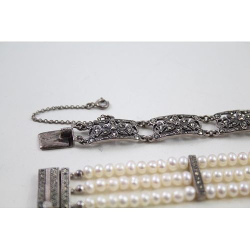 2157 - Three silver and marcasite set bracelets - approx. gross weight 74g