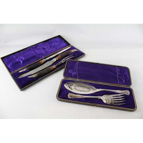 456 - Two cased Joseph Elliot cutlery sets, one horn handled steak knife set and one set of fish servers