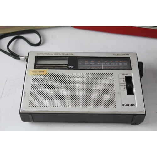 725 - Four portable radios, one early 1960s Decca Debonaire Deluxe two-band, one 1970s Roberts R505 three-... 