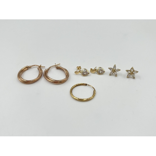 2004 - Three pairs of earrings, one .925 gilt silver, one 9ct gold CZ heart shaped and one yellow metal CZ ... 