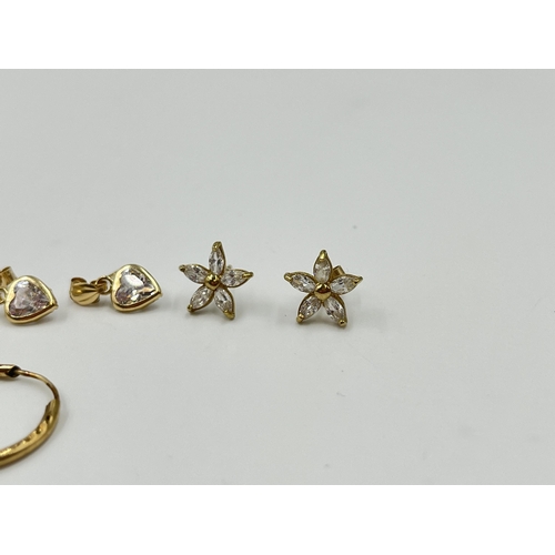 2004 - Three pairs of earrings, one .925 gilt silver, one 9ct gold CZ heart shaped and one yellow metal CZ ... 