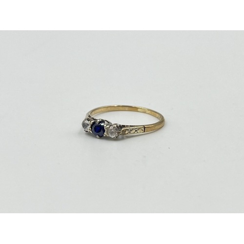 2019 - A 9ct gold sapphire and clear gemstone ring, size P - approx. gross weight 1.58g