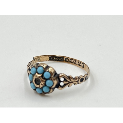 2034 - A hallmarked Birmingham 9ct gold turquoise cluster ring - approx. gross weight 1.35g