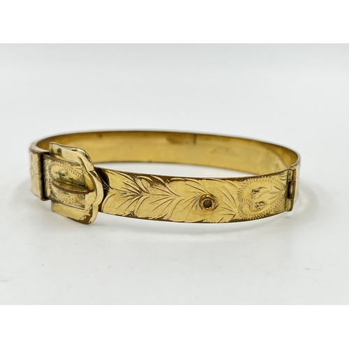 2075 - A vintage Excalibur 12ct rolled gold floral etched belt buckle bangle - approx. gross weight 16g