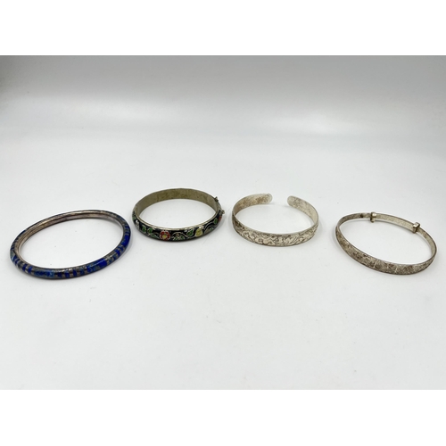 2090 - Four silver bracelets and bangles to include Siam sterling and enamel, lapis lazuli etc. - approx. g... 