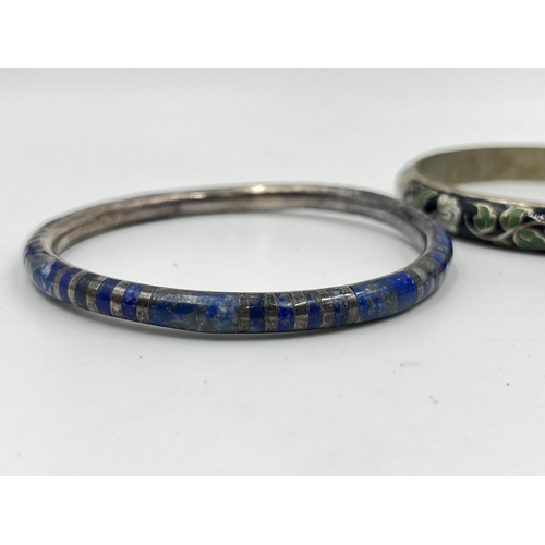 2090 - Four silver bracelets and bangles to include Siam sterling and enamel, lapis lazuli etc. - approx. g... 