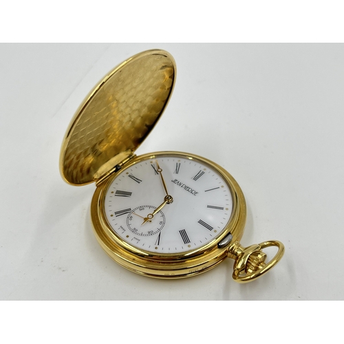 2187 - A boxed Jean Pierre 9ct gold cased full hunter hand wind pocket watch with a chromium plated and gil... 