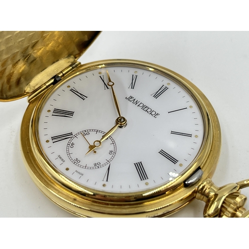 2187 - A boxed Jean Pierre 9ct gold cased full hunter hand wind pocket watch with a chromium plated and gil... 