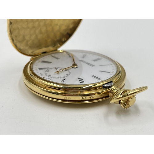 2187 - A boxed Jean Pierre 9ct gold cased full hunter hand wind pocket watch with a chromium plated and gil... 