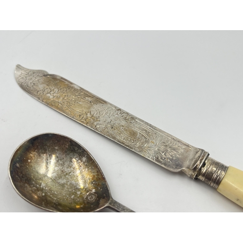 2192 - Two pieces of hallmarked sterling silver, one Mappin & Webb fish knife with ivorine handle and one s... 