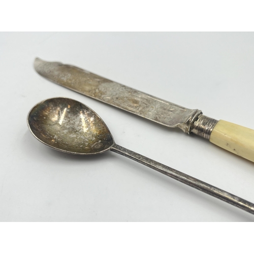 2192 - Two pieces of hallmarked sterling silver, one Mappin & Webb fish knife with ivorine handle and one s... 