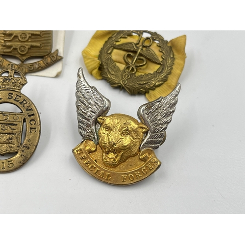 2252 - Six military cap badges to include South African Technical Service Corps, WWI On War Service 1915, S... 