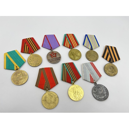 2263 - Nine Russian medals to include For Labour Valour, Veteran of Labour etc.