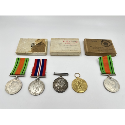 2267 - Five British military medals, two WWI presented to 43526 PTE. R. Titterington Durh. L. I. and three ... 