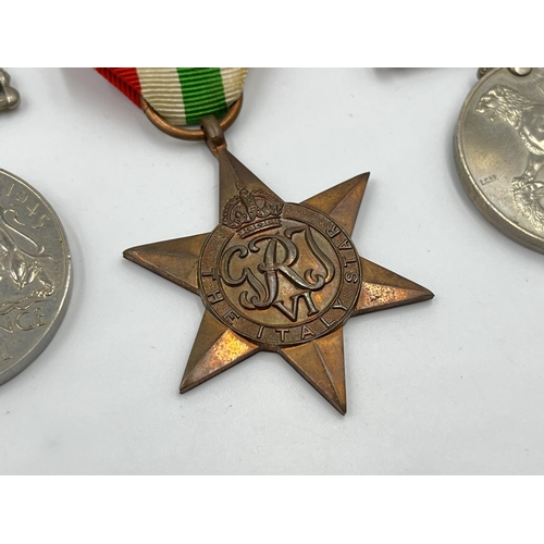 2270 - Five WWII medals, The Defence, War, The 1939-1945 Star, The Africa Star and The Italy Star with docu... 