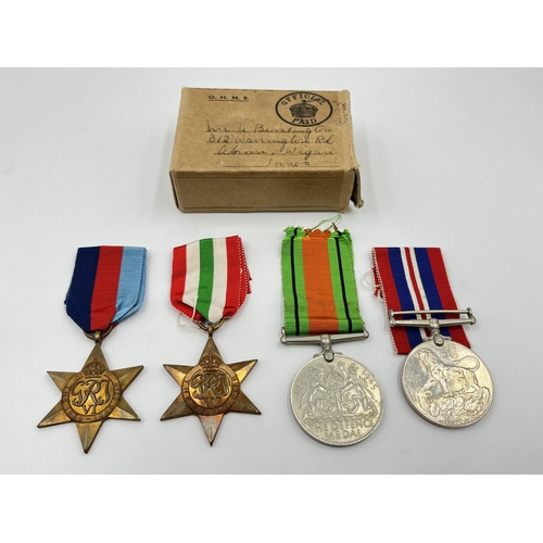 2276 - Four WWII medals, The Defence, War, The 1939-1945 Star and The Italy Star with box