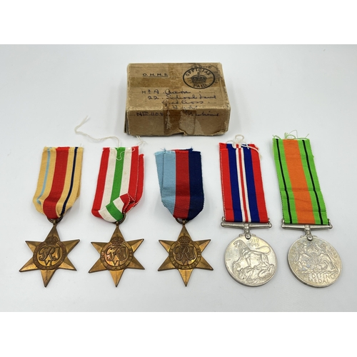 2277 - Five WWII medals, The Defence, War, The 1939-1945 Star, The Italy Star and The Africa Star with docu... 