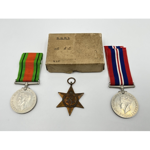 2278 - Three WWII medals, The Defence, War and The France and Germany Star with box