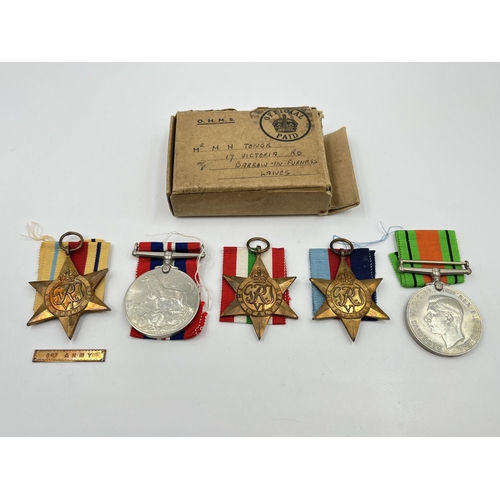 2279 - Five WWII medals, The Defence, War, The 1939-1945 Star, The Italy Star and The Africa Star with box