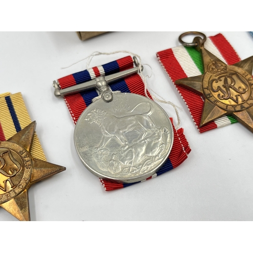 2279 - Five WWII medals, The Defence, War, The 1939-1945 Star, The Italy Star and The Africa Star with box