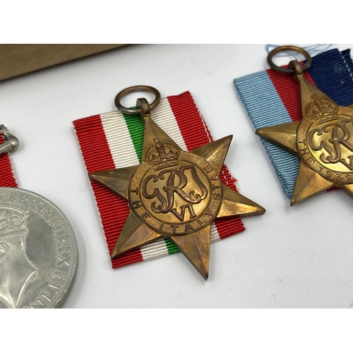 2279 - Five WWII medals, The Defence, War, The 1939-1945 Star, The Italy Star and The Africa Star with box