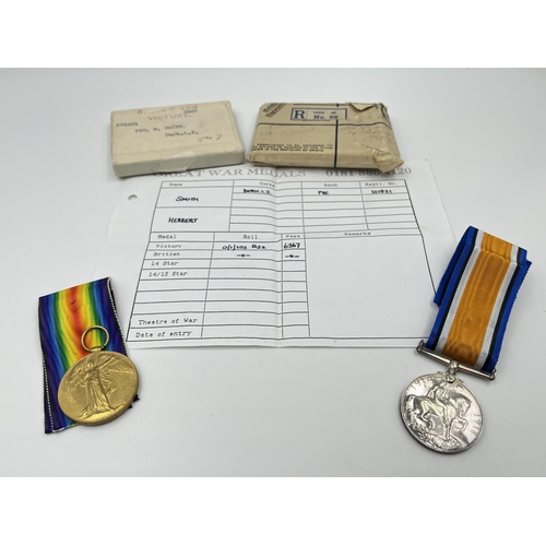 2283 - A boxed WWI medal pair issued to PTE. Herbert. Smith Durh.L.I, one Victory and one War with original... 