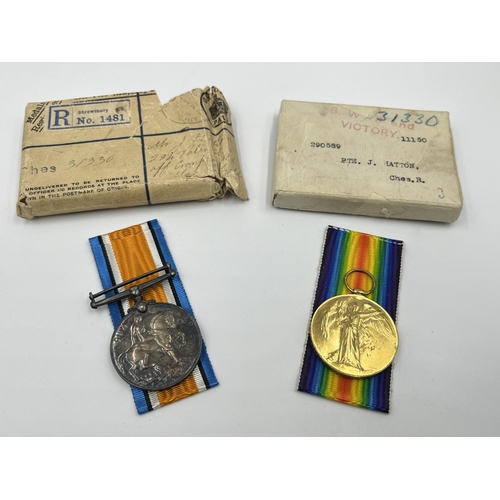 2285 - A boxed WWI medal pair awarded to 290588 PTE. J. Hatton. Cheshire Regiment with envelope addressed 2... 