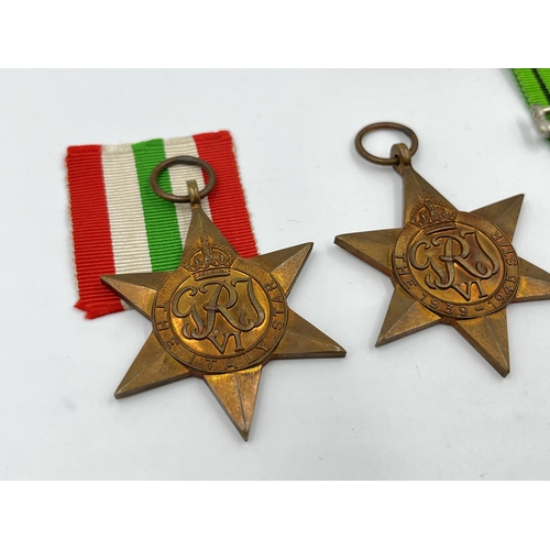 2290 - Four WWII medals, The Defence, The 1939-1945 Star, The Italy Star and The Africa Star with document ... 