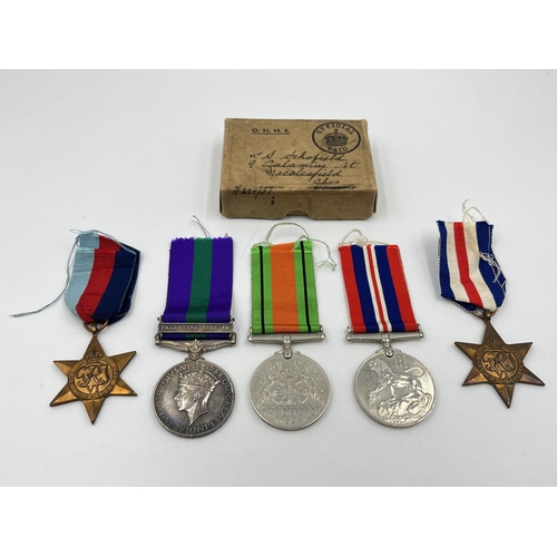 2292 - Five WWII medals, General Service with Palestine 1945-48 clasp presented to 3321125 PTE. S. Schofiel... 