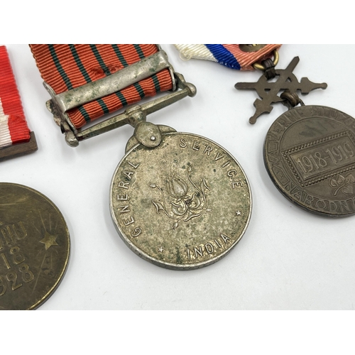 2293 - Five military medals to include India General Service, Serbia medal for bravery, Spanish Civil War V... 